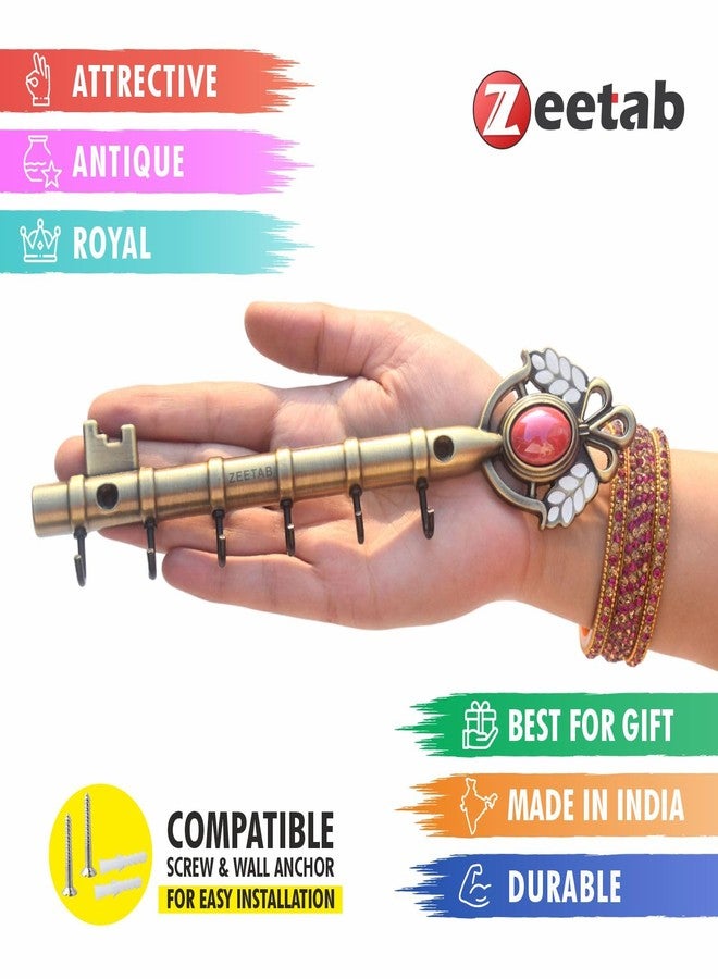 Zeetab Metal Royal Key Holder with Stone, Rajwadi Key Stand Wall Mount Hanger 6 Hook, Home Decor Gift (Antique) - Image 3